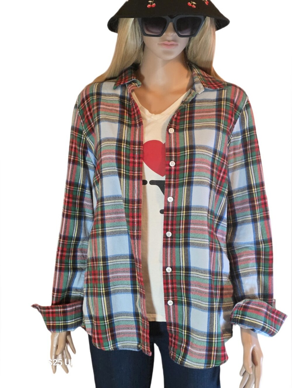 Preppy Lands' End Red & Light Blue Tartan Plaid Cotton Flannel Shirt 6